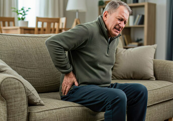 Fototapeta premium Couch's toll: An older man's daily battle with debilitating back ache and age-old rheumatism.