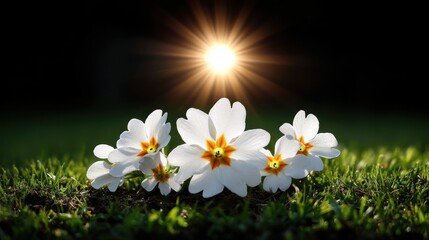 White primrose flowers blooming on green grass with sunlight shining in the background