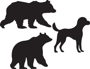 Silhouette Collection Bears and Dog, Black and White Animal Artwork