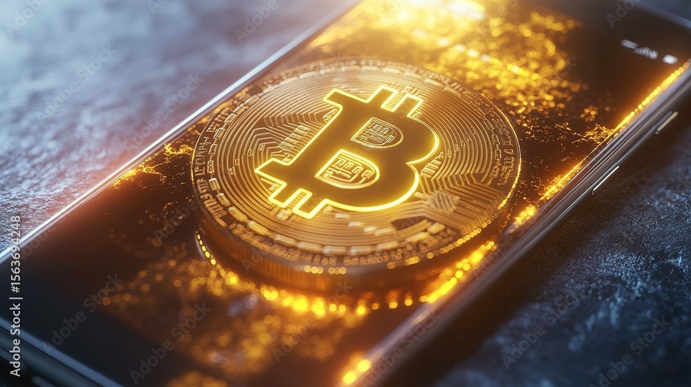 Poster a glowing golden bitcoin coin on a reflective surface symbolizes digital currency and blockchain tec