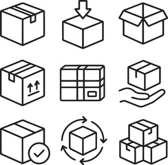 Nine line-art icons depicting various package states: closed, open, delivery, stacking, and handling.