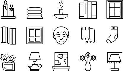 Black and White Line Art Icons of Home Comfort and Relaxation