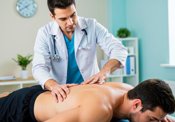 Obraz premium A compassionate medical professional diligently treats a male athlete's painful back injury, guiding him through essential rehabilitation therapy.