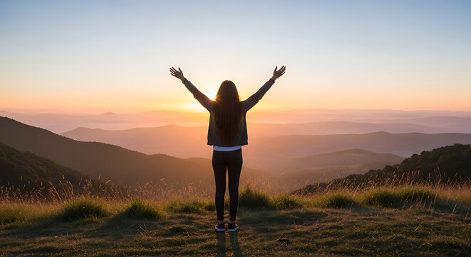 A person stands with arms outstretched, enjoying the stunning landscape and sunset.