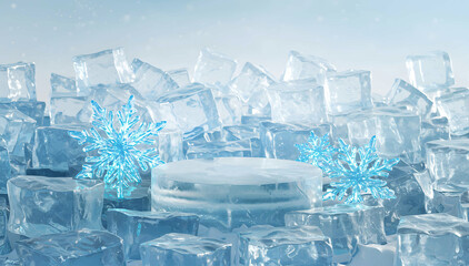 3D product display podium with falling snow and crystal snowflakes on icy background