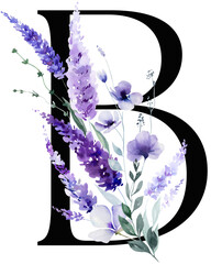 Black letter B with watercolor purple lavender flowers, summer floral wedding isolated monogram