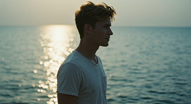 Young man contemplates the ocean at sunset, lost in thought and peaceful solitude.