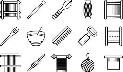 Black and white line art of weaving tools and yarn elements
