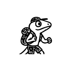 A lizard wearing a cap and carrying a backpack, walking