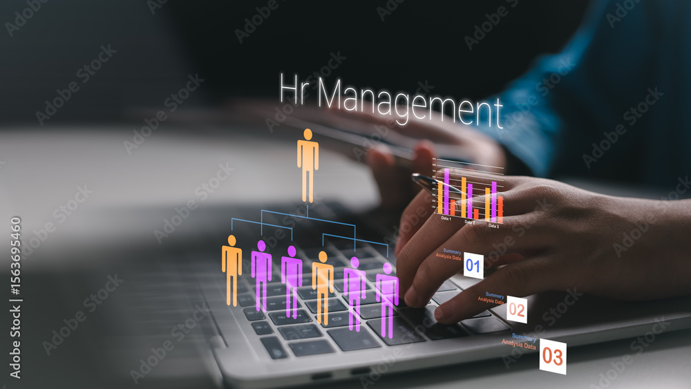 Poster hr manager working on laptop with futuristic human resource management chart and data analytics. con