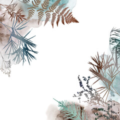 Watercolor boho autumn floral border with dried leaves in earthy tones, wedding illustration