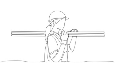 Continuous one line drawing of female construction worker carrying wood, construction work concept, single line art