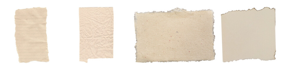 Transparent Background: Collection of Torn Beige and Cream Paper Scraps, Featuring Varied Textures and Distressed Edges for Authentic Vintage Collages and Design.


