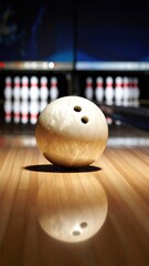 Bowling Ball on Lane with Pins, Alley, and Sport.