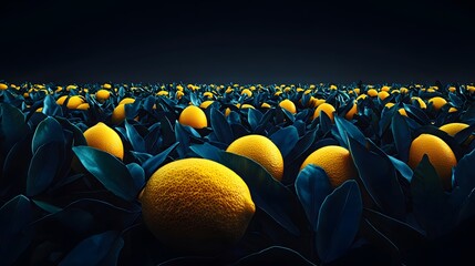 A vibrant field of ripe, golden citrus fruits led amongst deep blue-green foliage provides ample copy space for text or ing in this realistic 3D rendered image perfect for