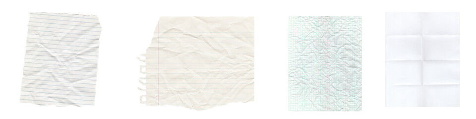 Obraz premium Transparent Background: Assorted Paper Textures - Crumpled White, Ripped Beige, Soft Furry Green, and Folded Grid White - Versatile for Digital Art and Design.
