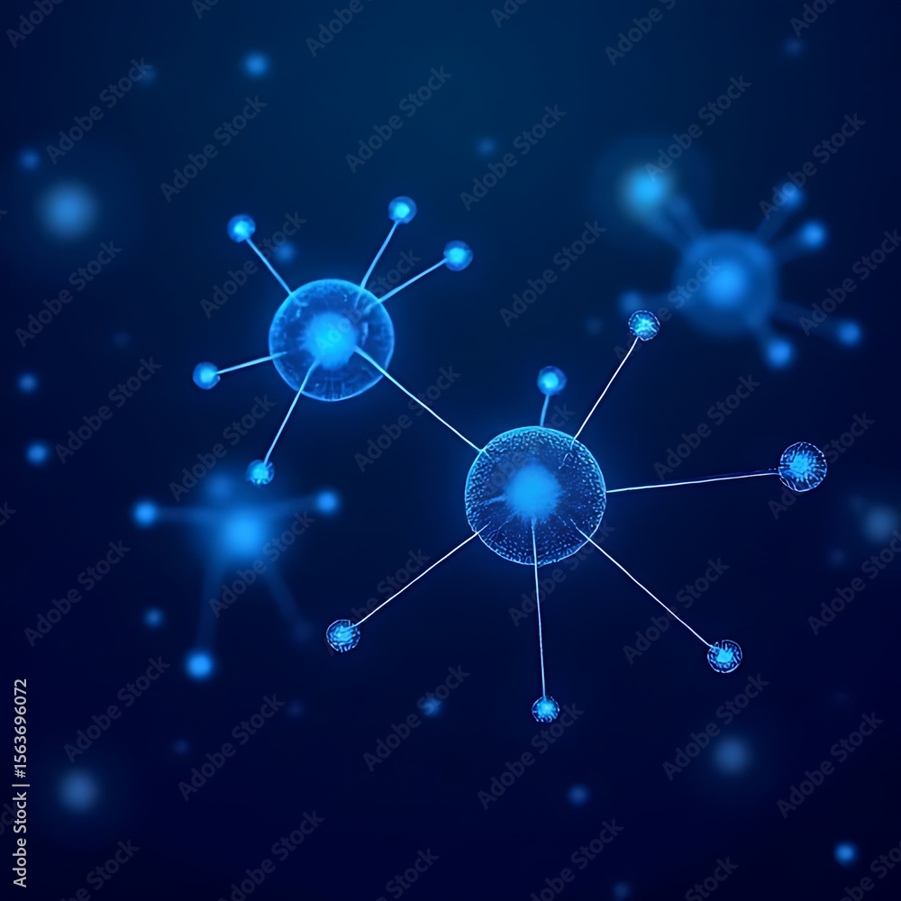 Aufkleber glowing blue abstract molecular structures with connecting lines and spheres against a dark blue bac