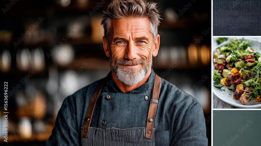 Aufkleber a man with a beard and apron stands in front of a counter with a plate of food. the background featu