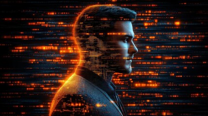 Portrait overlayed with bright digital streaming data.