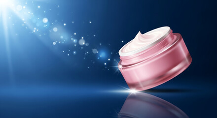 Floating Pink Skincare Cream Jar with Sparkling Light Effects – Luxury Beauty Presentation