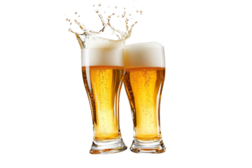 Beer cheers with splash isolated on transparent png background