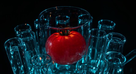 A tomato inside a glass surrounded by test tubes with a dark background and blue light reflecting