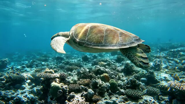 A large sea turtle swims gracefully over a colorful and vibrant coral reef