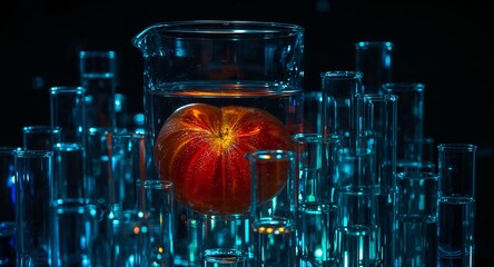 Red tomato submerged in liquid inside a beaker surrounded by test tubes on a dark background