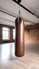 Brown Leather Boxing Punching Bag Gym Interior.