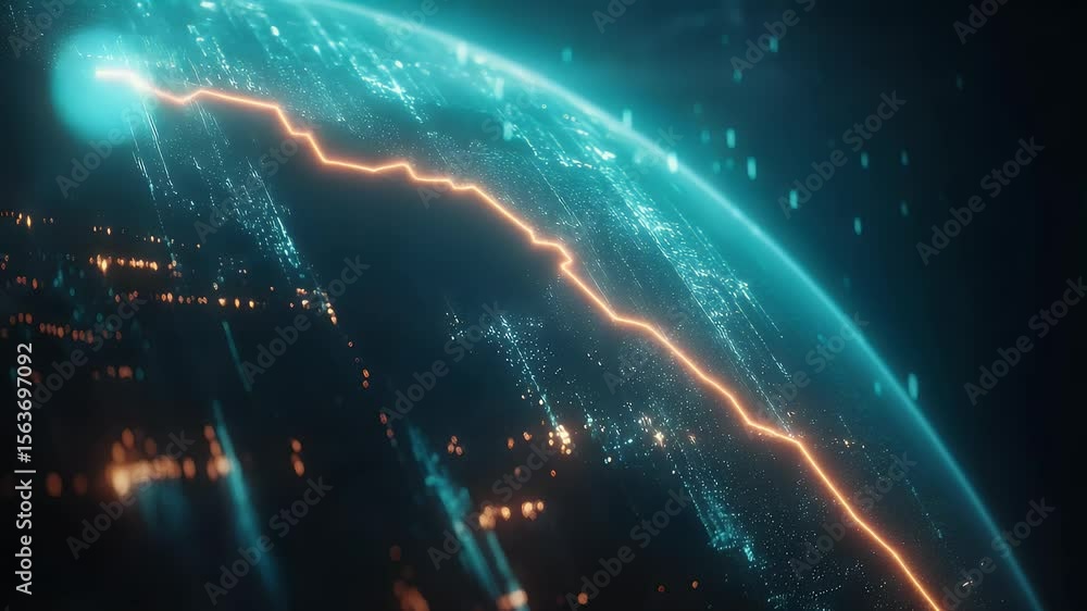 Poster digital earth with glowing orange line representing global data flow and connections abstract neon d