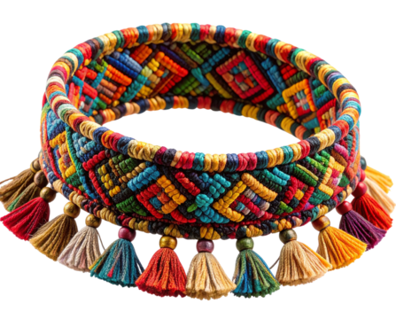  Braided Friendship Anklet with Tassels, Curved Diagonal Composition, Transparent PNG