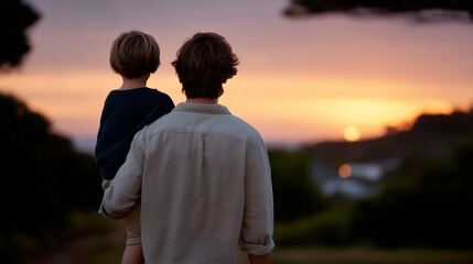 Silhouetted Father and Son Embracing Family Love at Sunset