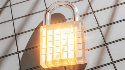 Transparent padlock glowing with golden light, mounted on a tiled wall casting shadows.