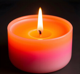 Round candle with smooth gradient surface and small flickering flame. Warm glow on dark background.