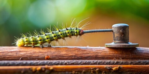 A vibrant green caterpillar, adorned with spiny hairs, delicately traverses a weathered wooden surface, its journey seemingly connected to a small, aged metallic object via a thin, threaded rod.