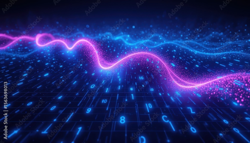 Poster data stream visualization with vibrant neon waves and digital information