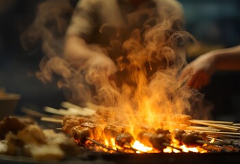 Sizzling Satay Skewers Fiery Flames and Culinary Artistry in Motion.