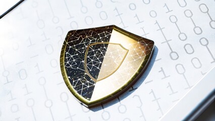 A digital shield icon symbolizing cybersecurity protection over a background of binary code, representing data security and online defense.