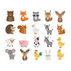Funny set of cartoon farm animals vector illustration collection