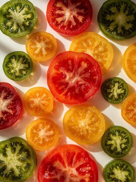An overhead shot of sliced heirloom tomatoes in red yellow and green colors on a white surface top view