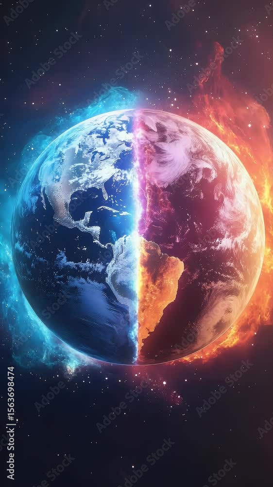 Poster digital illustration of the planet split into two halves with contrasting colors and textures. one s