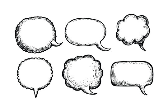Speech Bubbles Vector Engraving Set. Detailed Monochrome Comic Dialogue Icons & Symbols. Vintage Stipple & Hatching Illustrations
