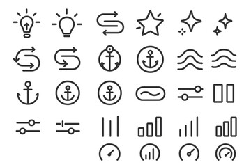 A set of minimalist vector icons representing concepts like light, cycles, anchors, sound waves, and data visualization, designed in a simple, linear style.