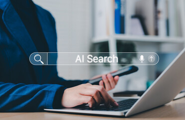 AI Search Engine Technology Concept. Woman use smartphone and laptop with AI search bar interface...