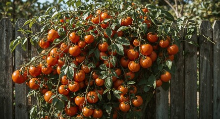 A bountiful tomato plant laden with ripe red tomatoes growing against a weathered wooden fence outdoors
