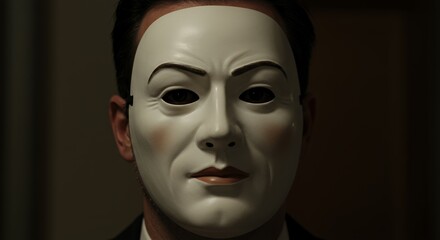 Mysterious man in a blank white mask stares intently, creating a sense of intrigue and hidden identity in a dimly lit setting.