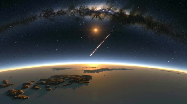 Breathtaking Meteor Streaks Across Sky Above Earth with Milky Way Galaxy and Curvature Visible, Glowing Horizon and Scattered Clouds in Stunning Celestial Scene