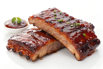 Barbecue Pork Ribs with Grilled Corn – Classic American BBQ Dish on White Background