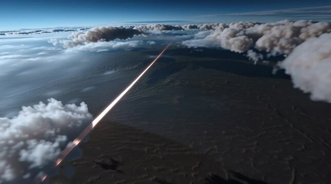Dramatic Meteor Trail Streaks Across Sky Above Vast Landscape in Slow Motion, Capturing Bright Path Against Clouds and Horizon