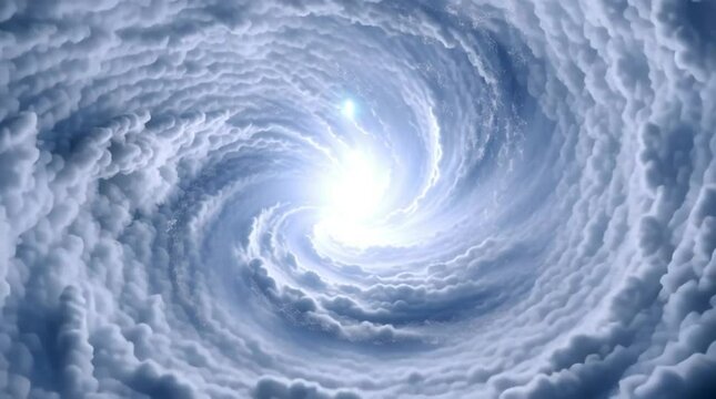 Swirling Vortex of Clouds Mesmerizing Spiral Pattern in Sky with Bright Center, Cosmic Phenomenon and Portal Evoking Wonder and Mystery